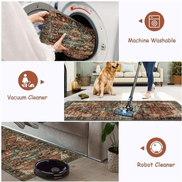 Ultra-Thin Washable Vintage Area Rug - 3x5 Boho Non-Slip Entryway Rug Oriental - Picture 3 of 6